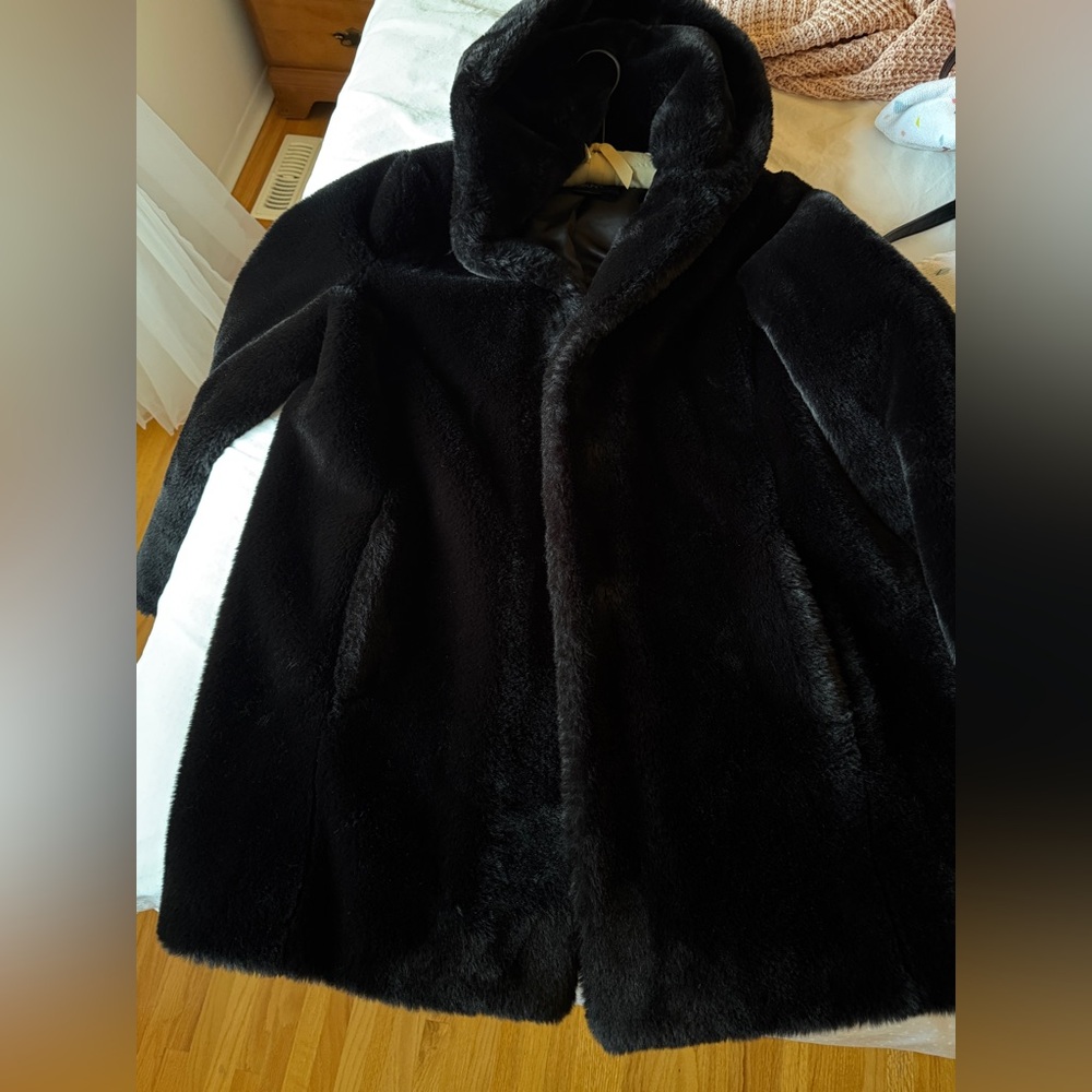DKNY Black Faux Fur Coat with Hood